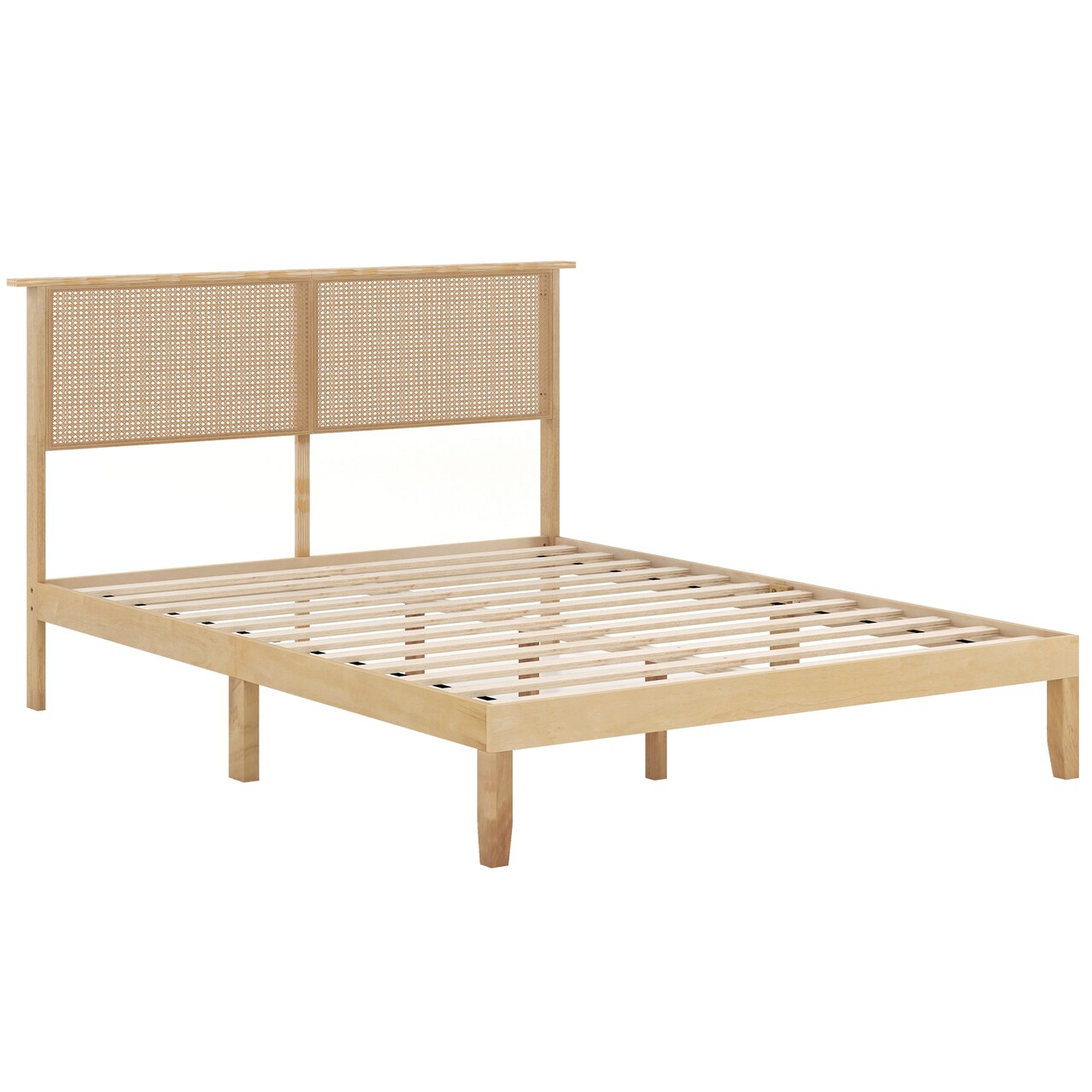 Wood Platform Bed Frame Solid Rubber Wood Rattan Headboard Platform Bed No Box Spring Required Heavy Duty Slat Support Bedroom Furniture